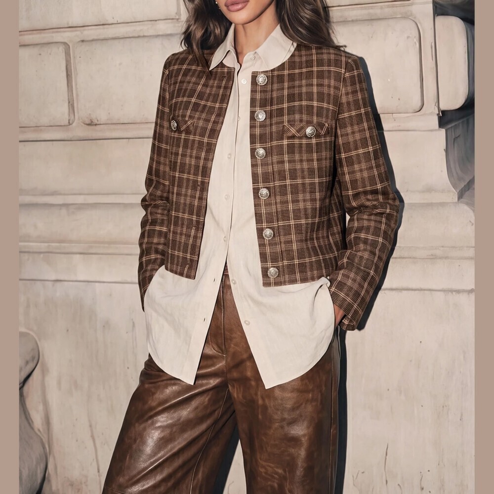 Brown Plaid Collarless Jeweled Button Chest Pocket Cropped Jacket